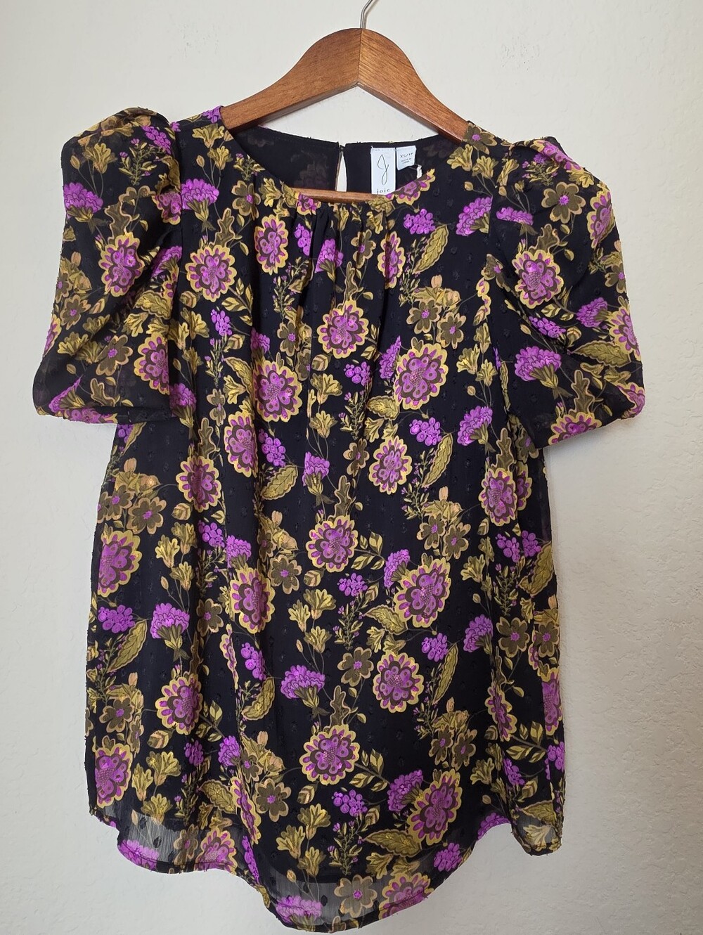 NWT Joie Blouse‎ Womens XS Black Purple Gold Floral Puff Sleeve Boho Cottagecore